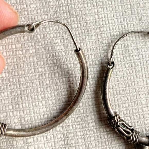 Vintage Large Turquoise Sterling Silver 925 Bali Style Inlay Hoop Post Earrings - Picture 10 of 16